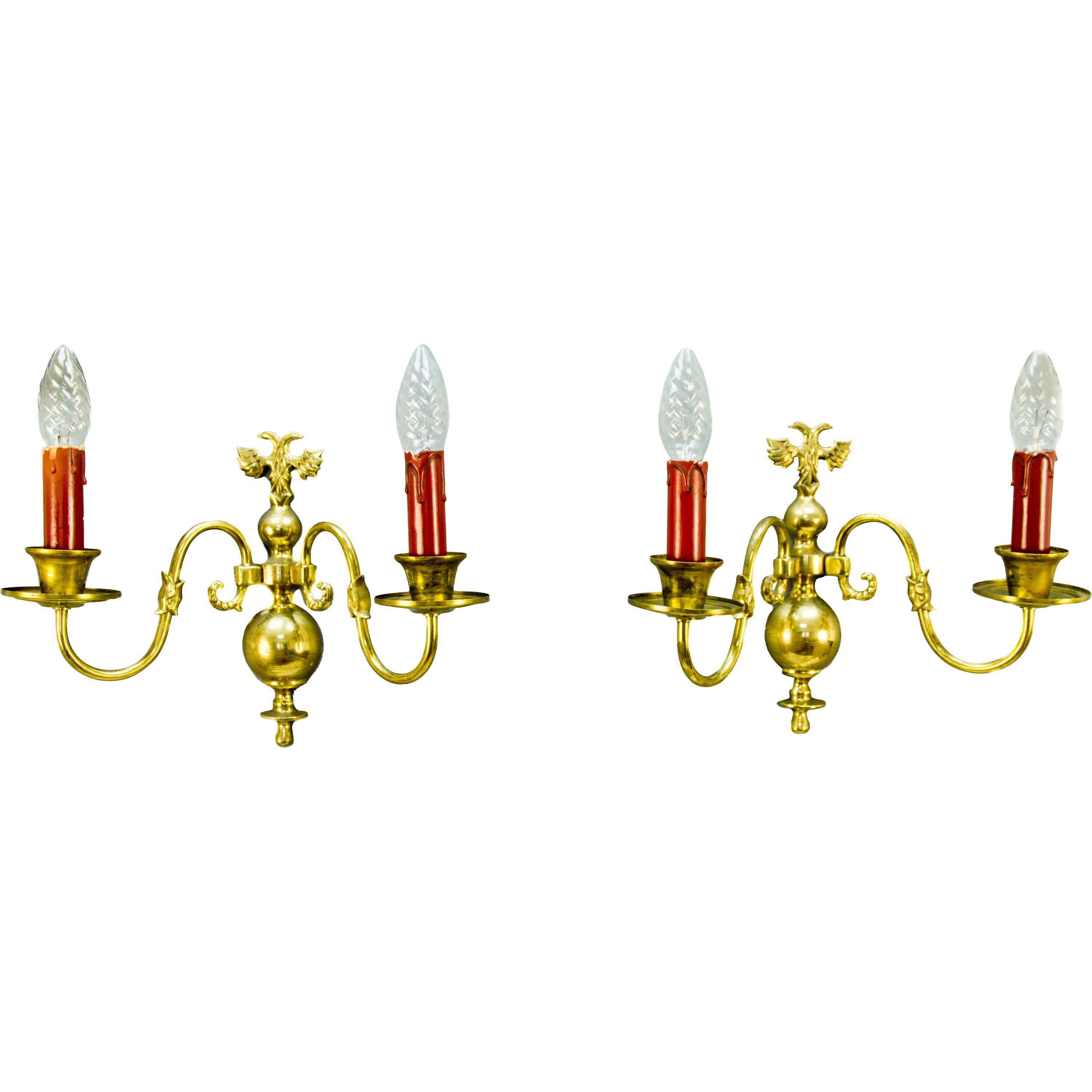 Pair of Dutch Two-Light Brass Sconces For Sale