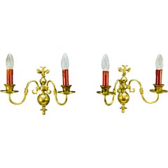 Vintage Pair of Dutch Two-Light Brass Sconces