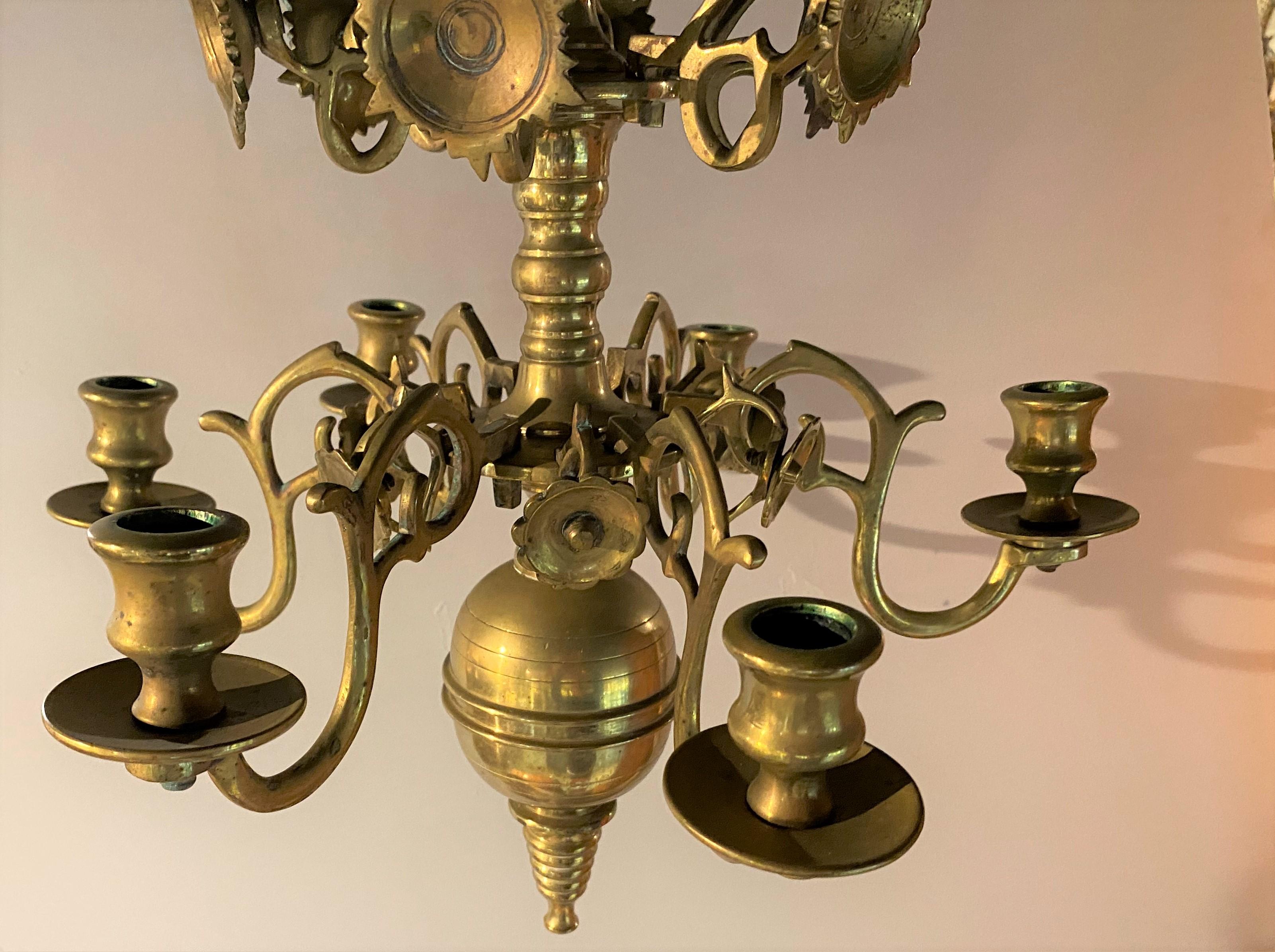 Pair of Dutch Brass Six Light Chandeliers For Sale 4