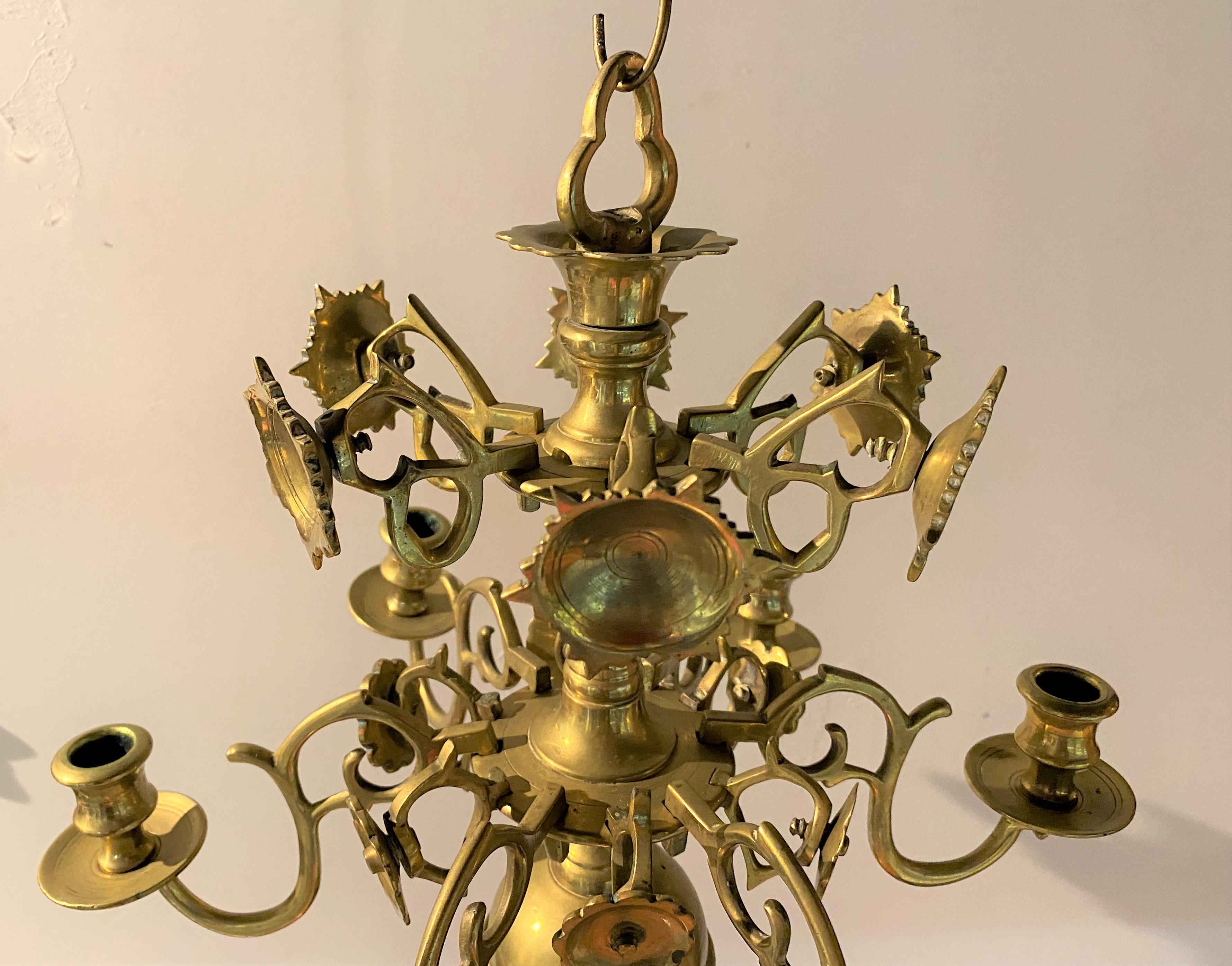 Dutch Colonial Pair of Dutch Brass Six Light Chandeliers For Sale