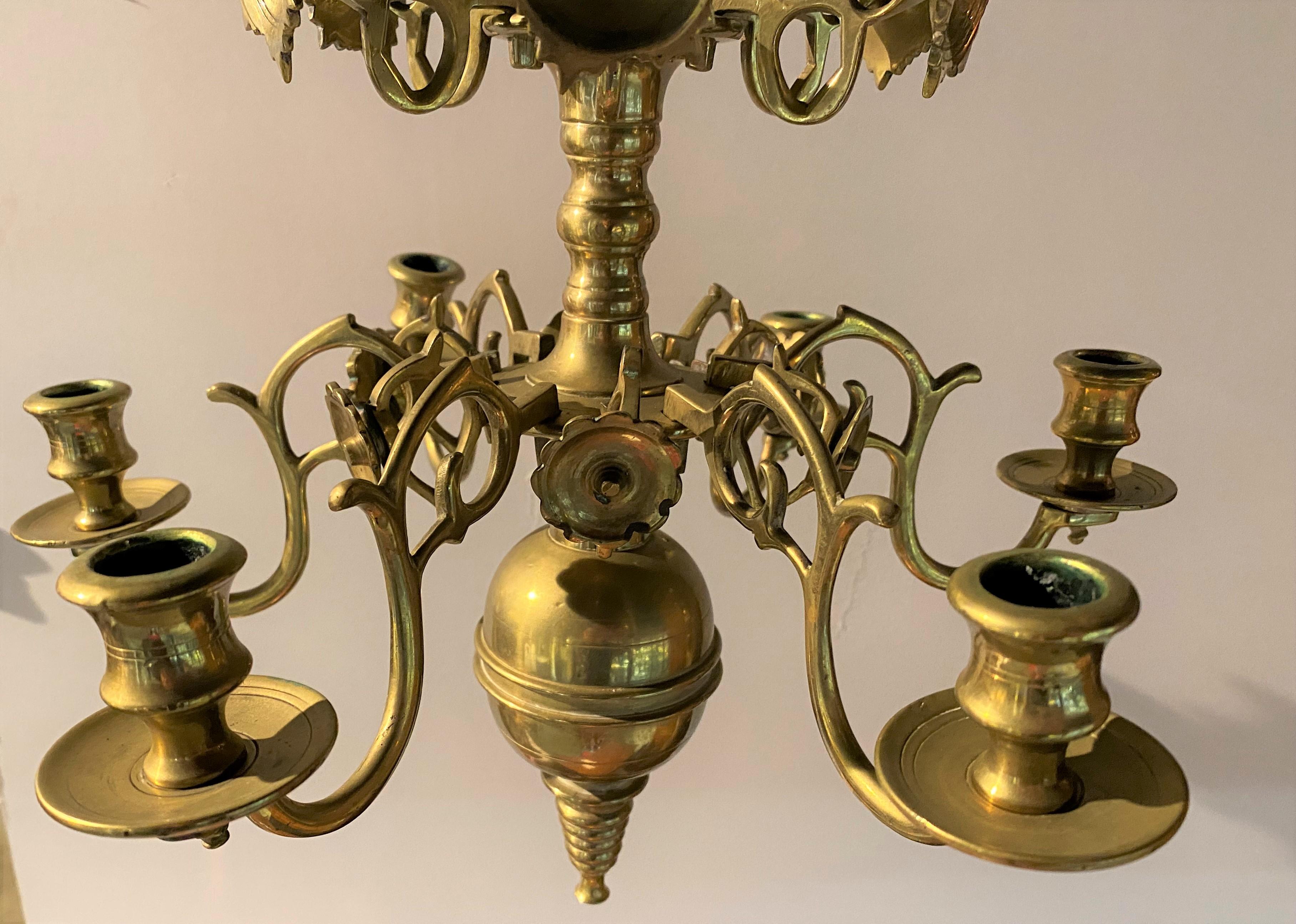 Cast Pair of Dutch Brass Six Light Chandeliers For Sale