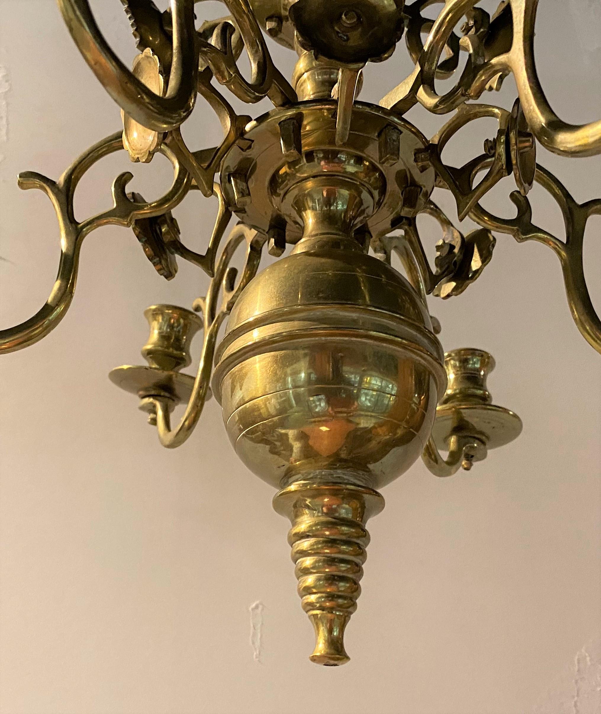 Pair of Dutch Brass Six Light Chandeliers In Good Condition For Sale In Milford, NH