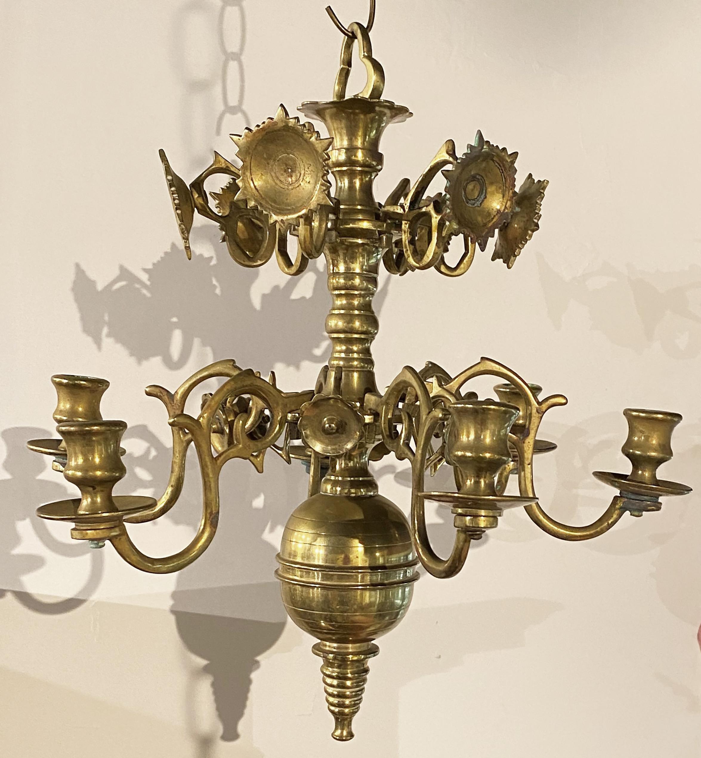 19th Century Pair of Dutch Brass Six Light Chandeliers For Sale