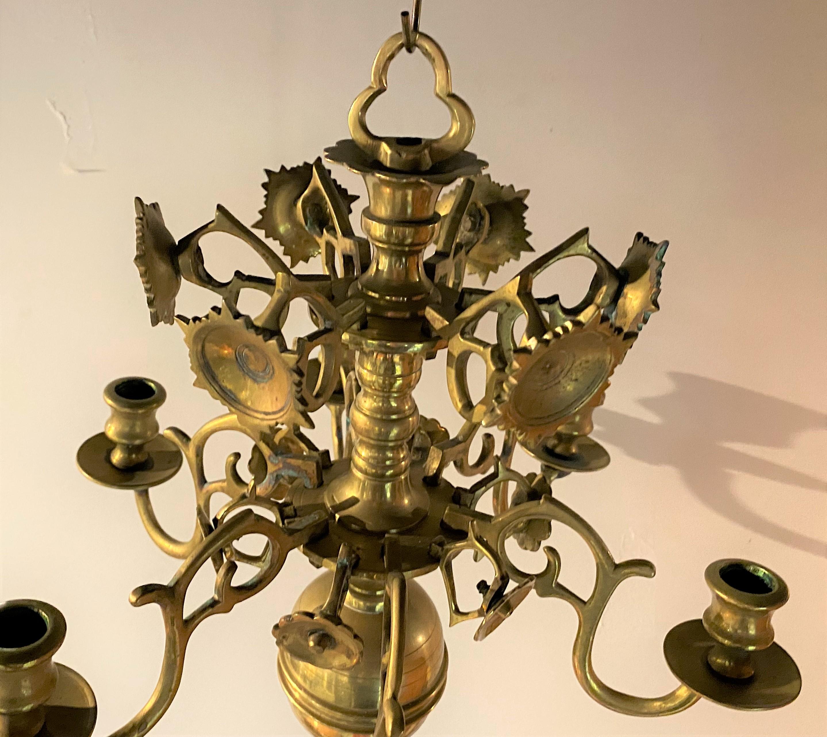 Pair of Dutch Brass Six Light Chandeliers For Sale 1