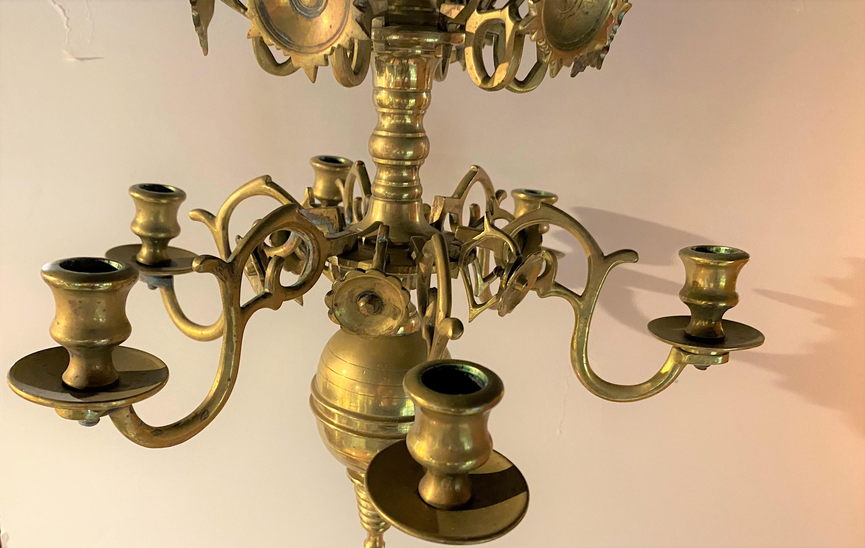 Pair of Dutch Brass Six Light Chandeliers For Sale 2