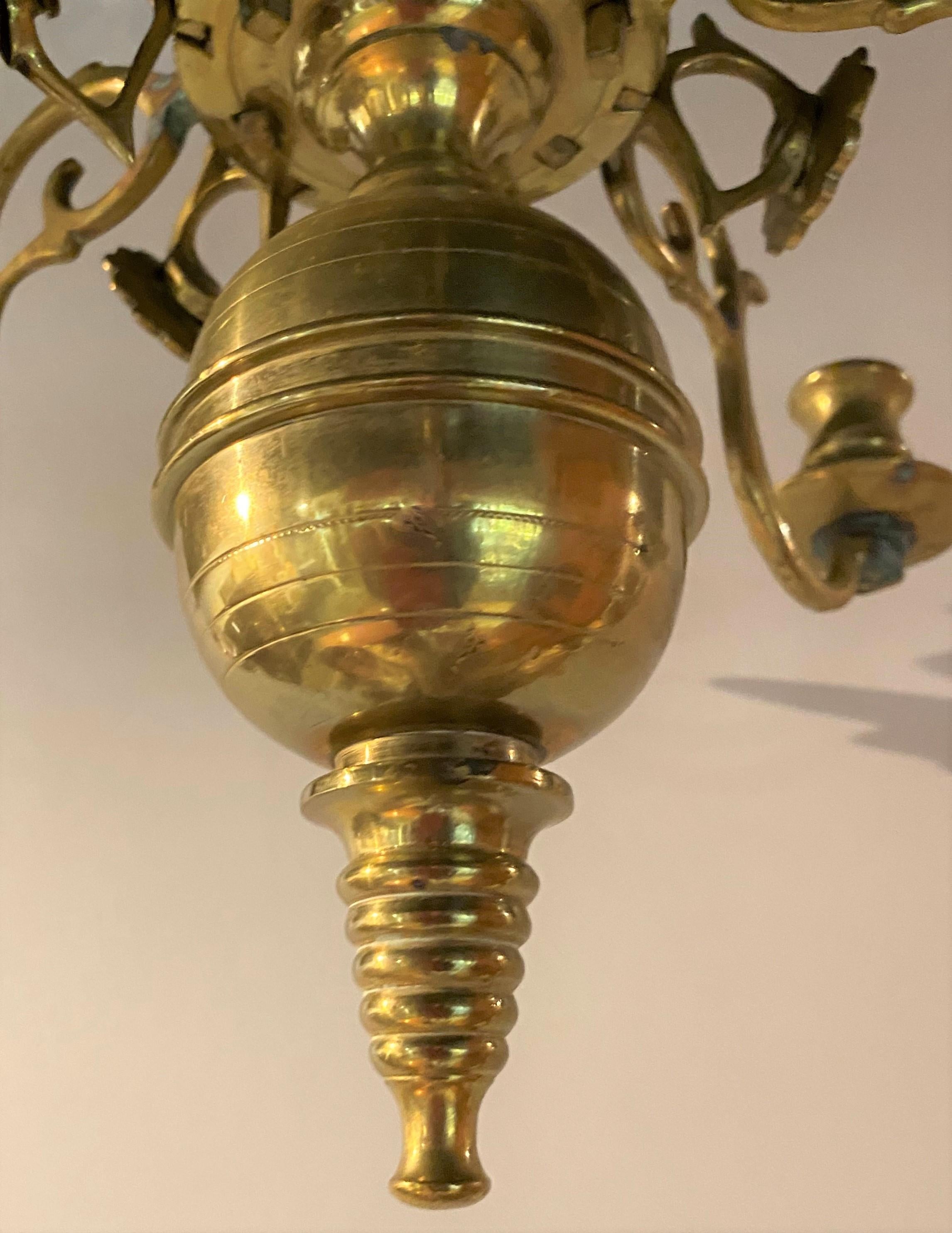 Pair of Dutch Brass Six Light Chandeliers For Sale 3