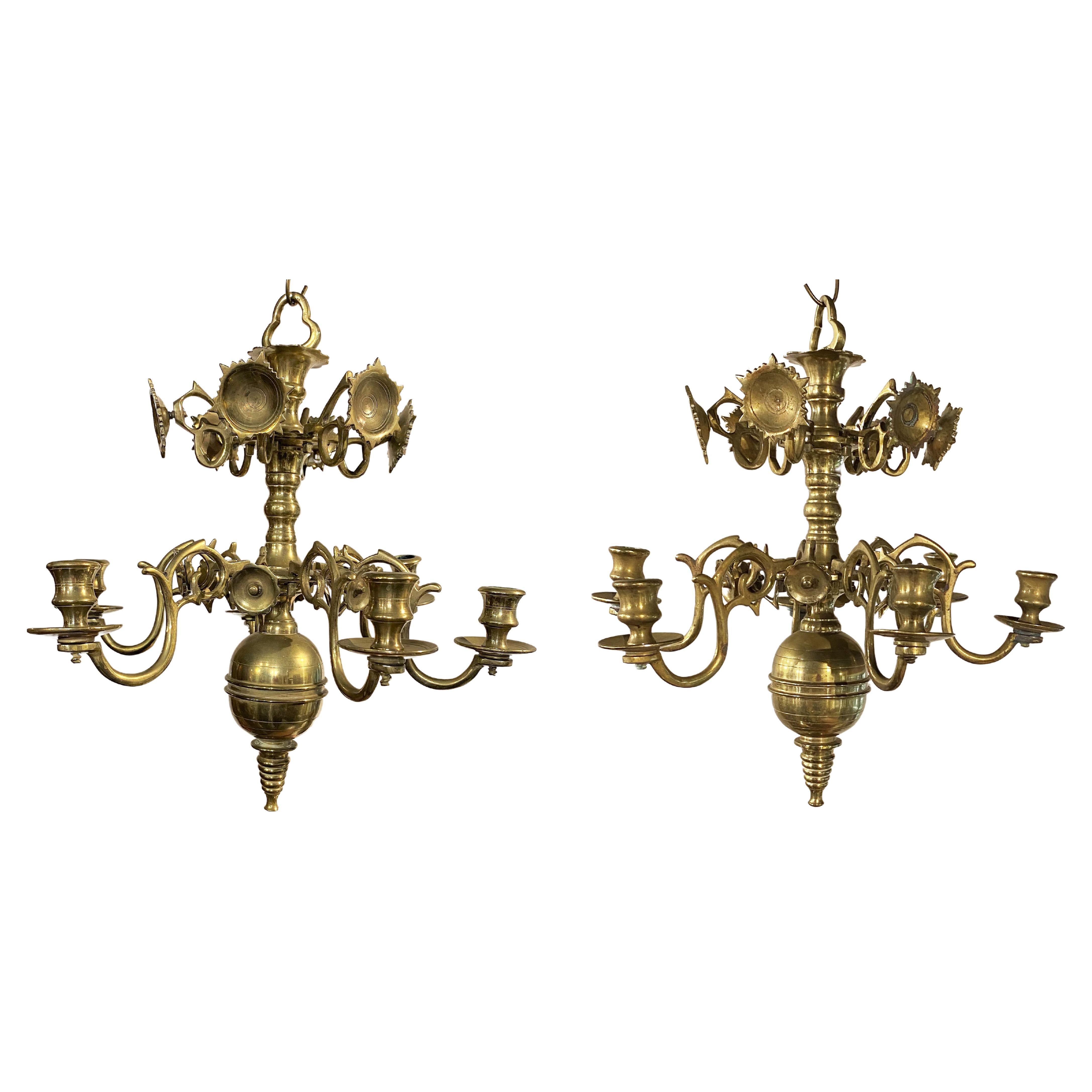 Pair of Dutch Brass Six Light Chandeliers For Sale