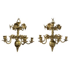 Vintage Pair of Dutch Brass Six Light Chandeliers
