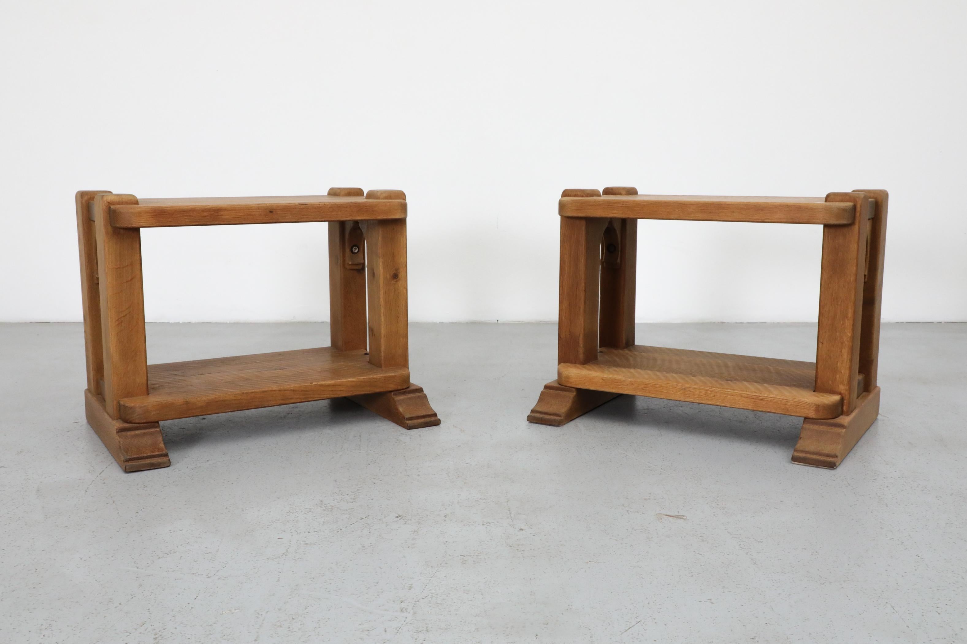 Pair of Dutch Brutlist Solid Oak Two-Tired Church Benches For Sale 14