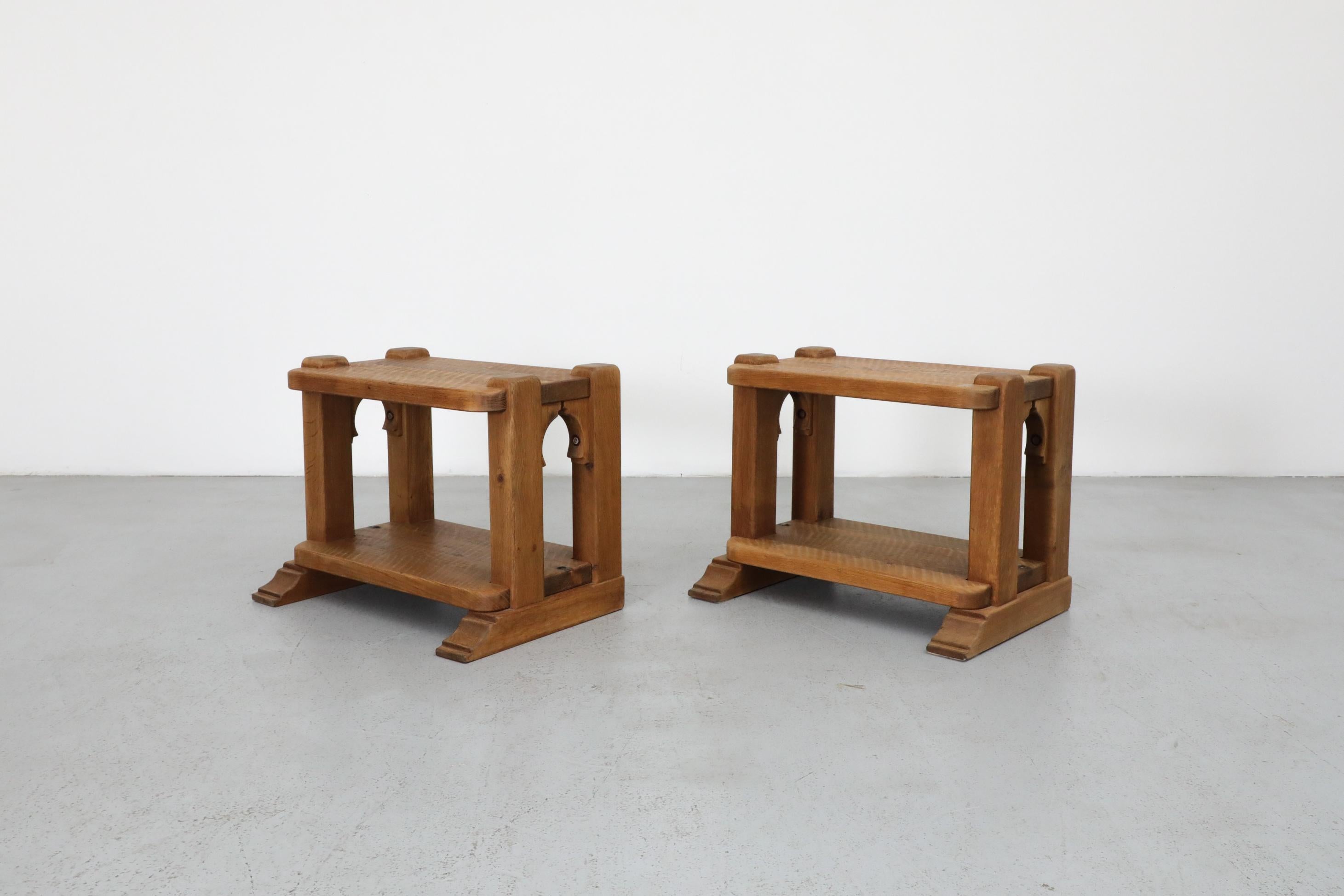 Brutalist Pair of Dutch Brutlist Solid Oak Two-Tired Church Benches For Sale
