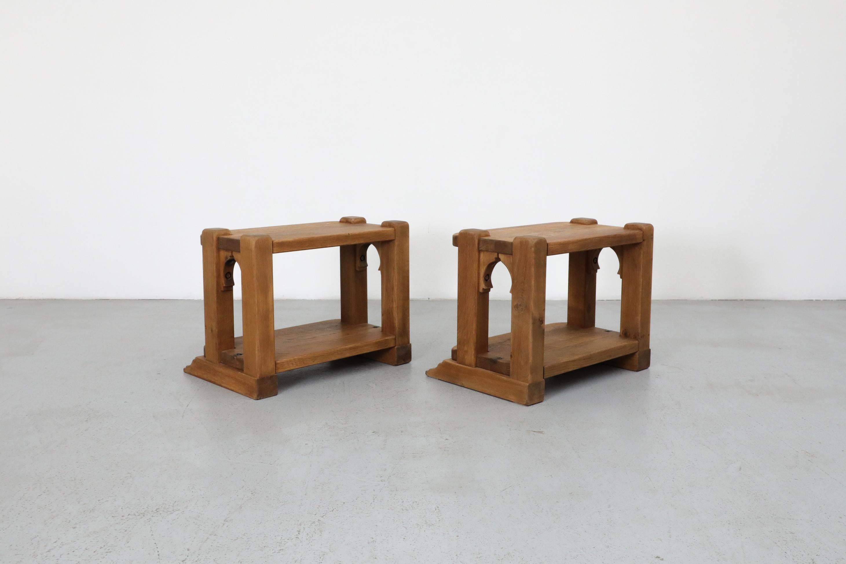 20th Century Pair of Dutch Brutlist Solid Oak Two-Tired Church Benches For Sale