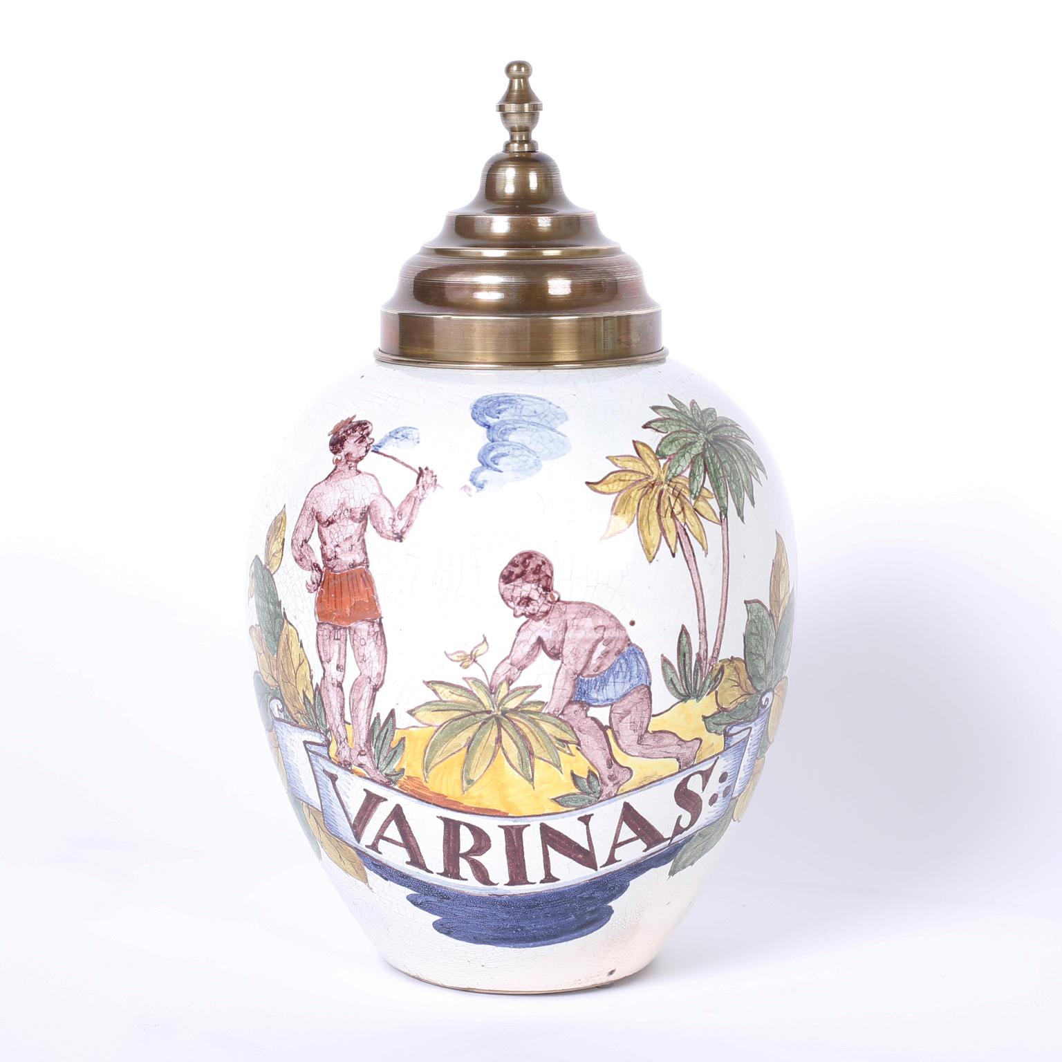 Glazed Pair of Dutch Colonial Porcelain Tobacco Jars, Titled Varinas and Martiniek