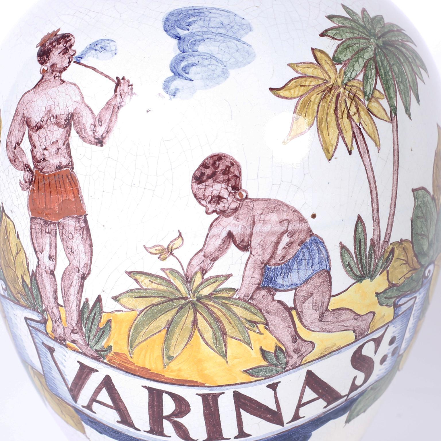 Pair of Dutch Colonial Porcelain Tobacco Jars, Titled Varinas and Martiniek In Good Condition In Palm Beach, FL
