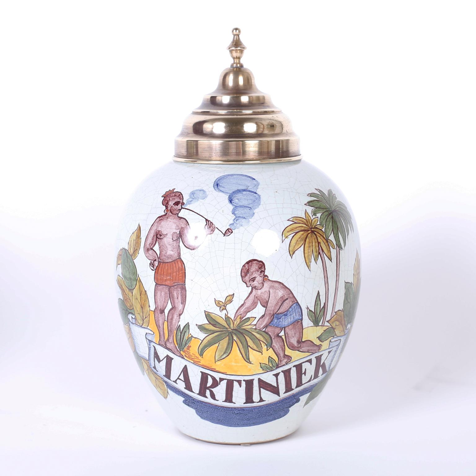 20th Century Pair of Dutch Colonial Porcelain Tobacco Jars, Titled Varinas and Martiniek