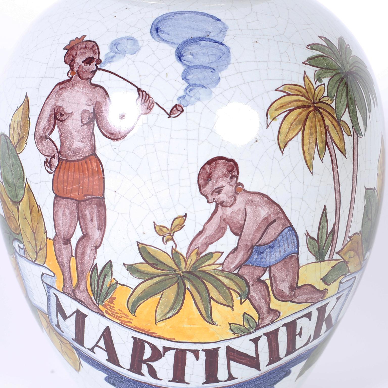 Brass Pair of Dutch Colonial Porcelain Tobacco Jars, Titled Varinas and Martiniek