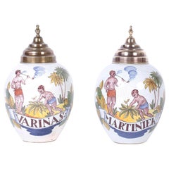 Vintage Pair of Dutch Colonial Porcelain Tobacco Jars, Titled Varinas and Martiniek