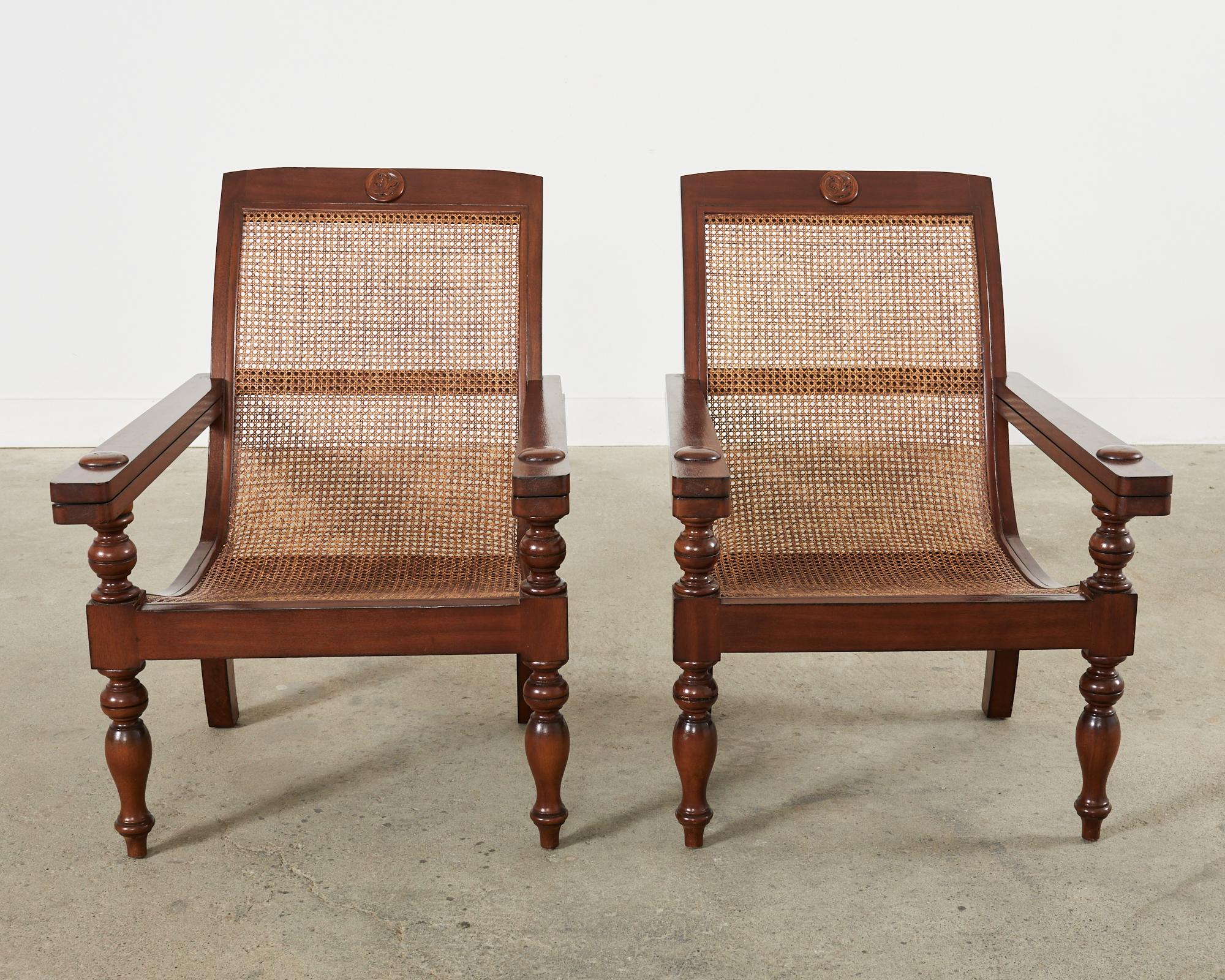 Hand-Crafted Pair of Dutch Colonial Style Mahogany Cane Plantation Chairs