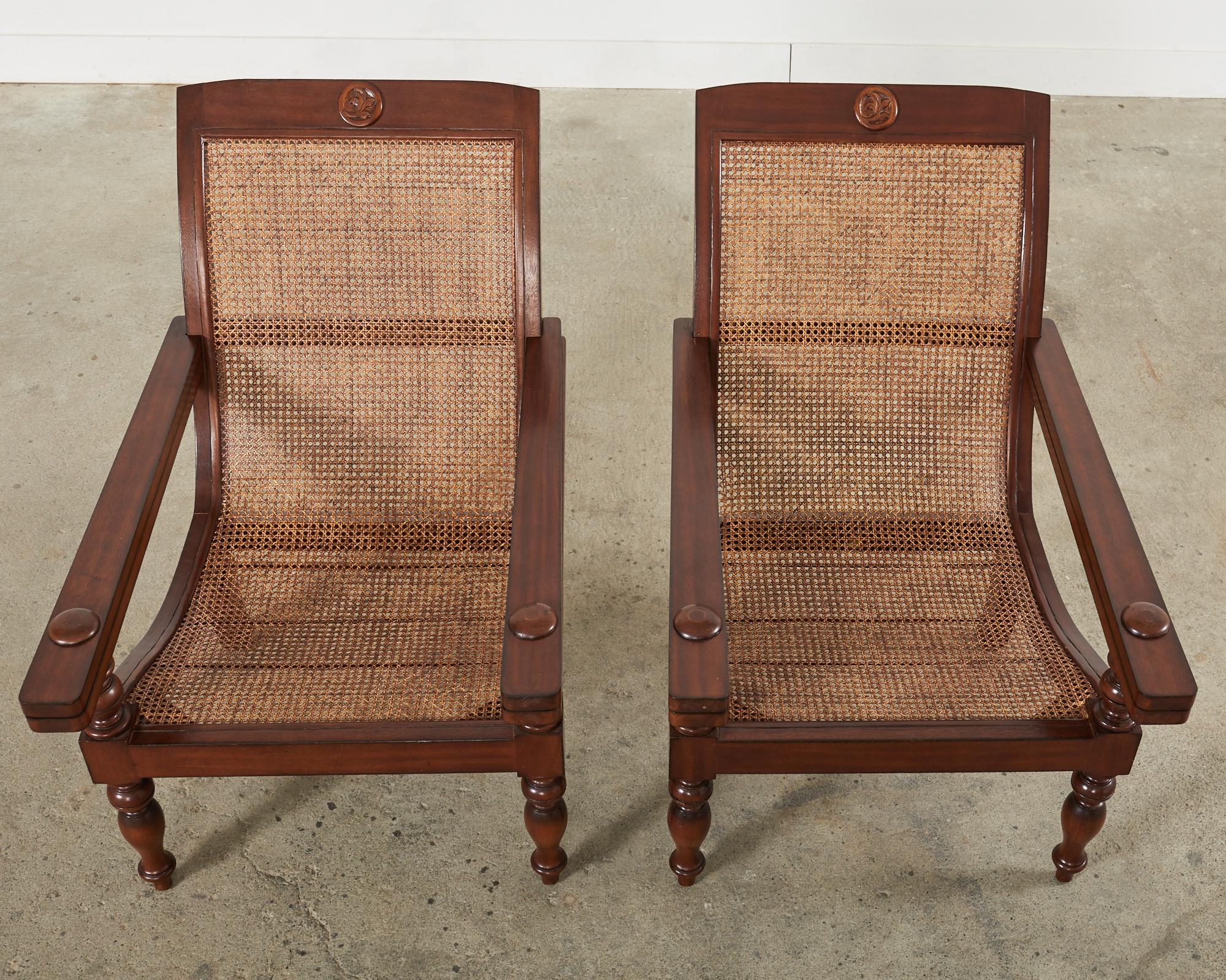 Pair of Dutch Colonial Style Mahogany Cane Plantation Chairs In Good Condition In Rio Vista, CA
