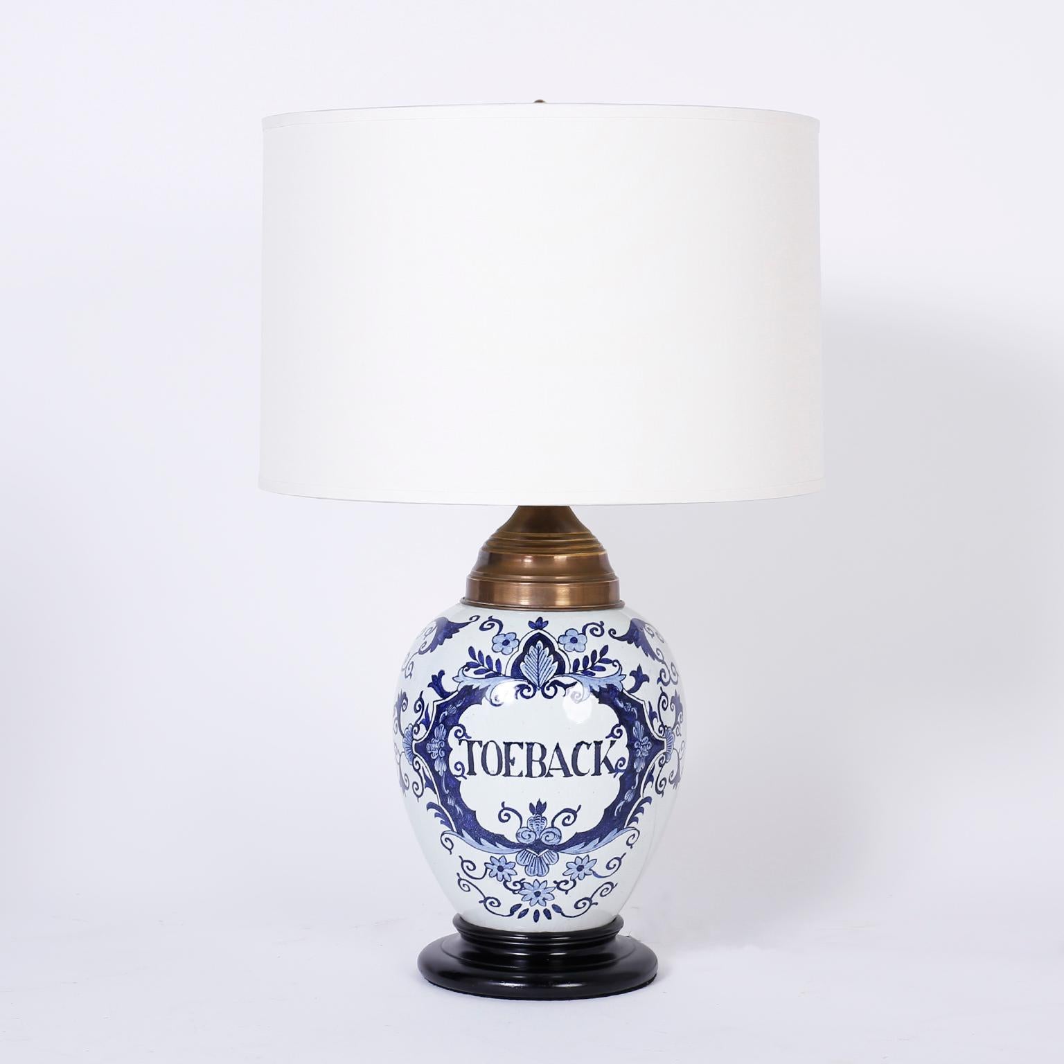 Pair of Dutch Colonial Tobacco Jar Style Blue and White Porcelain Table Lamps In Good Condition In Palm Beach, FL