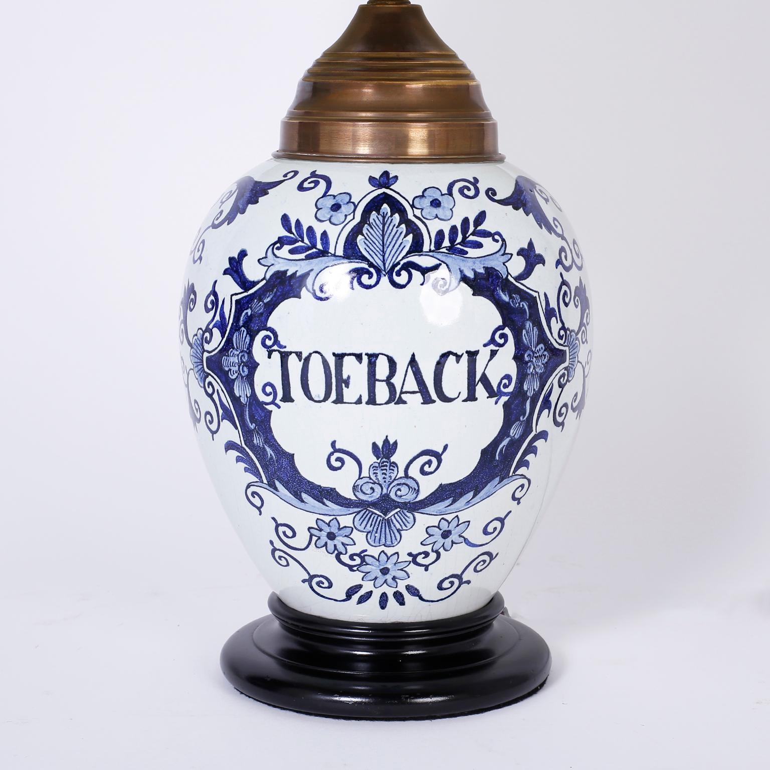 20th Century Pair of Dutch Colonial Tobacco Jar Style Blue and White Porcelain Table Lamps