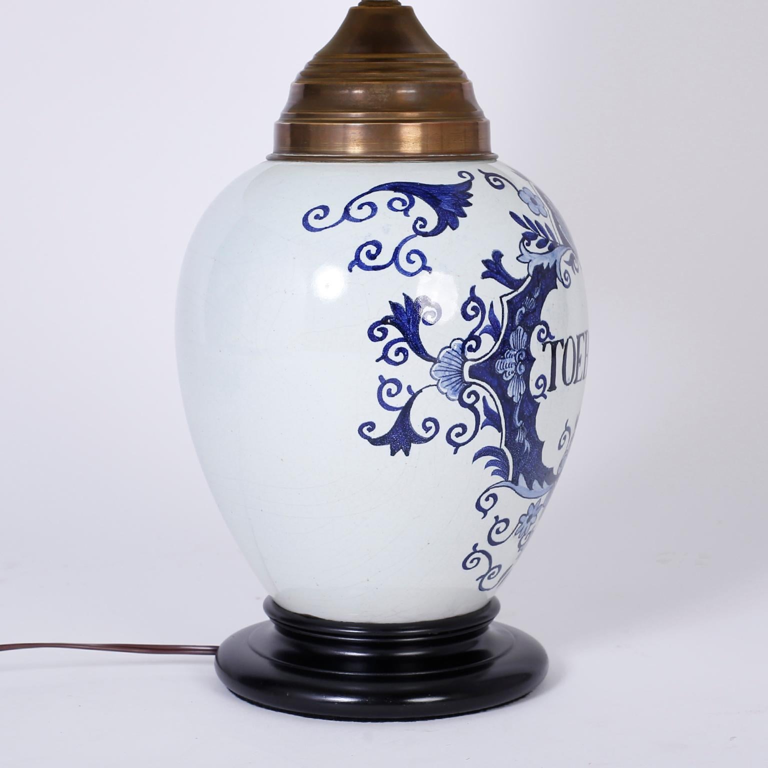 Pair of Dutch Colonial Tobacco Jar Style Blue and White Porcelain Table Lamps 1
