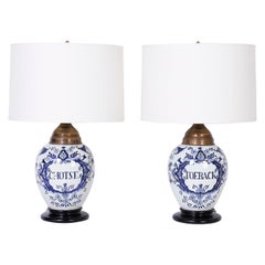 Pair of Dutch Colonial Tobacco Jar Style Blue and White Porcelain Table Lamps