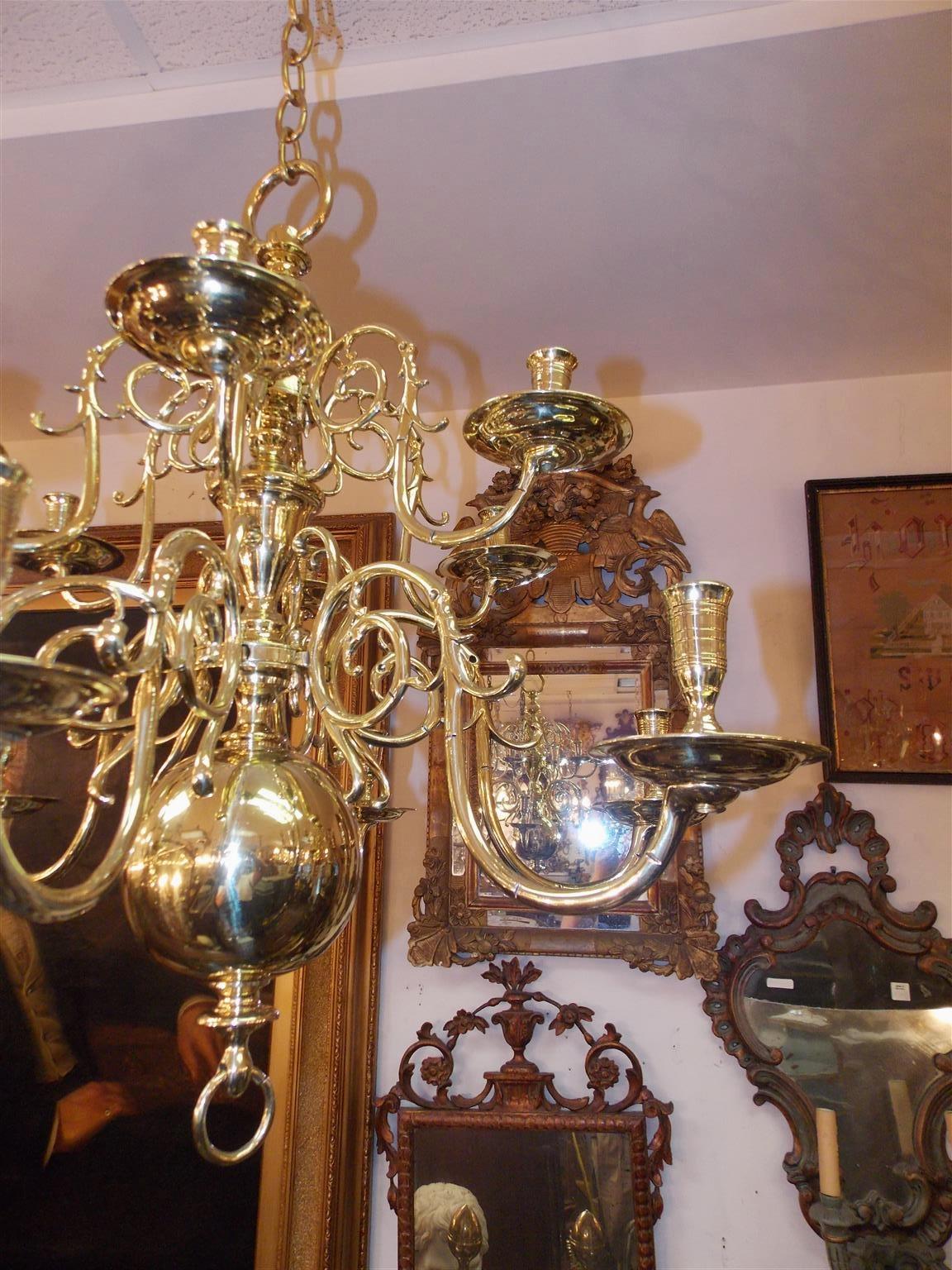 Pair of Dutch Colonial Two-Tiered Bulbous and Scrolled Chandeliers, Circa 1750 In Excellent Condition In Hollywood, SC