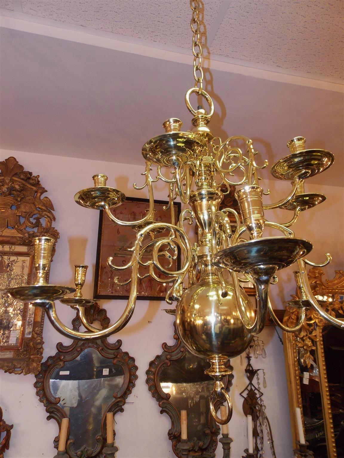 Mid-18th Century Pair of Dutch Colonial Two-Tiered Bulbous and Scrolled Chandeliers, Circa 1750