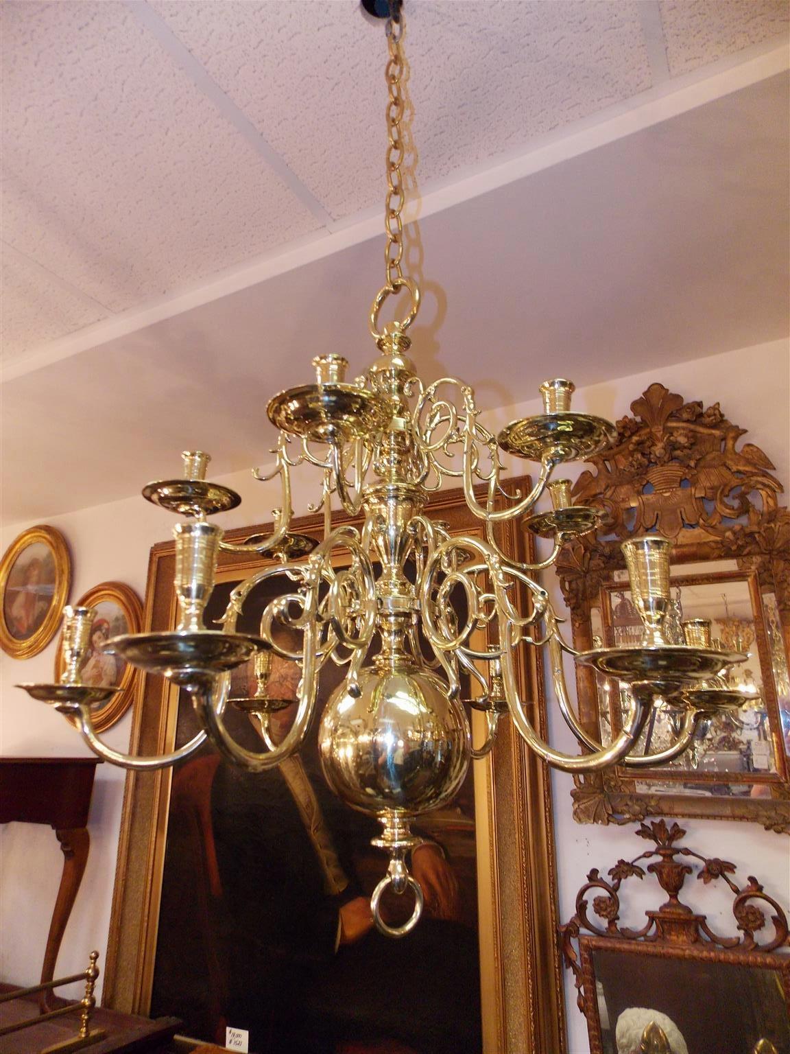 Brass Pair of Dutch Colonial Two-Tiered Bulbous and Scrolled Chandeliers, Circa 1750