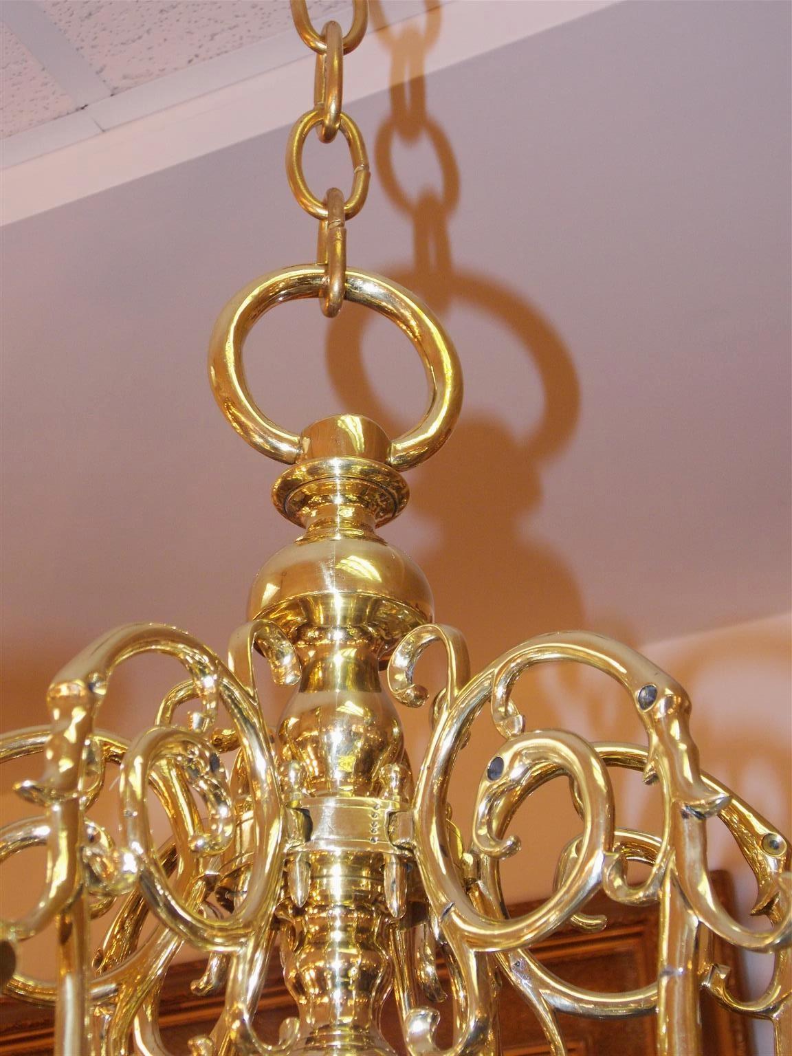 Pair of Dutch Colonial Two-Tiered Bulbous and Scrolled Chandeliers, Circa 1750 2