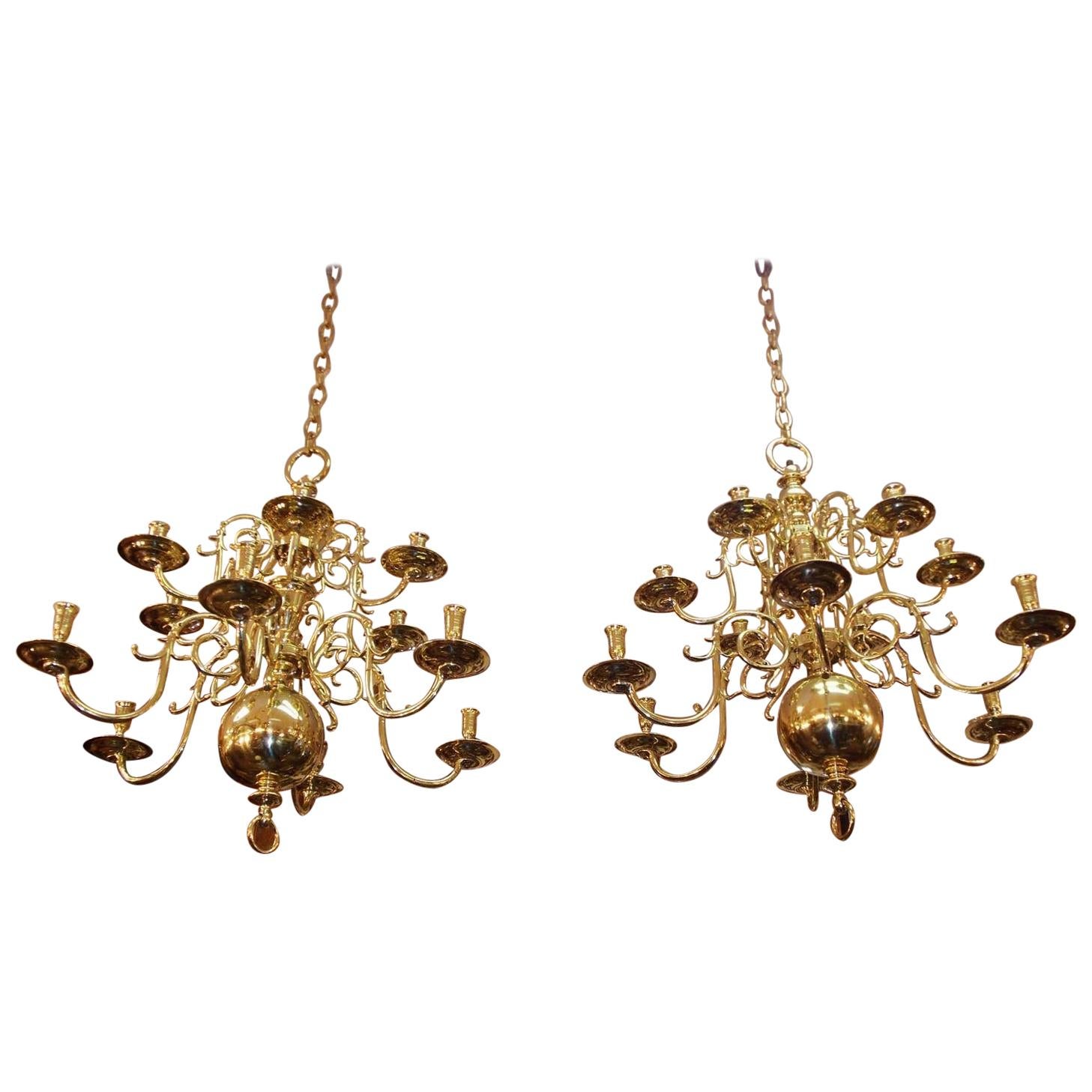 Pair of Dutch Colonial Two-Tiered Bulbous and Scrolled Chandeliers, Circa 1750