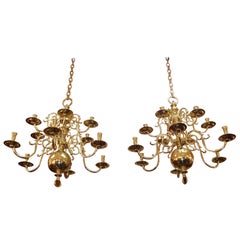 Pair of Dutch Colonial Two-Tiered Bulbous and Scrolled Chandeliers, Circa 1750