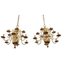 Antique Pair of Dutch Colonial Two-Tiered Bulbous and Scrolled Chandeliers, Circa 1750