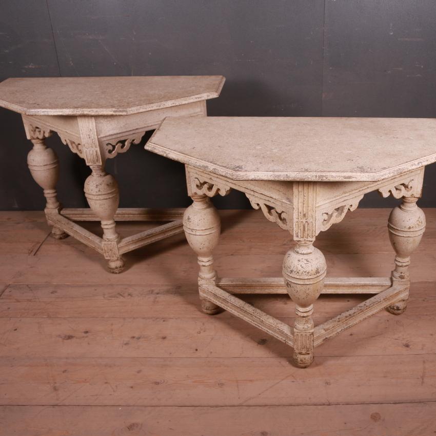 Pair of early 19th century Dutch painted oak console tables, 1820.

Dimensions:
37.5 inches (95 cms) wide
18.5 inches (47 cms) deep
30 inches (76 cms) high.