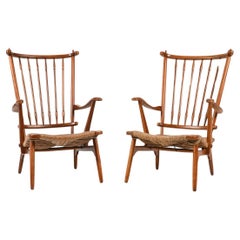 Retro Pair of Dutch De Ster Gelderland Armchairs in Beech & Seagrass, c. 1950's