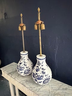 Pair of Dutch Delft Blue and White Ceramic Table Lamps with Brass Fittings