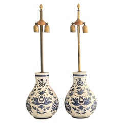 Pair of Dutch Delft Blue and White Ceramic Table Lamps with Brass Fittings