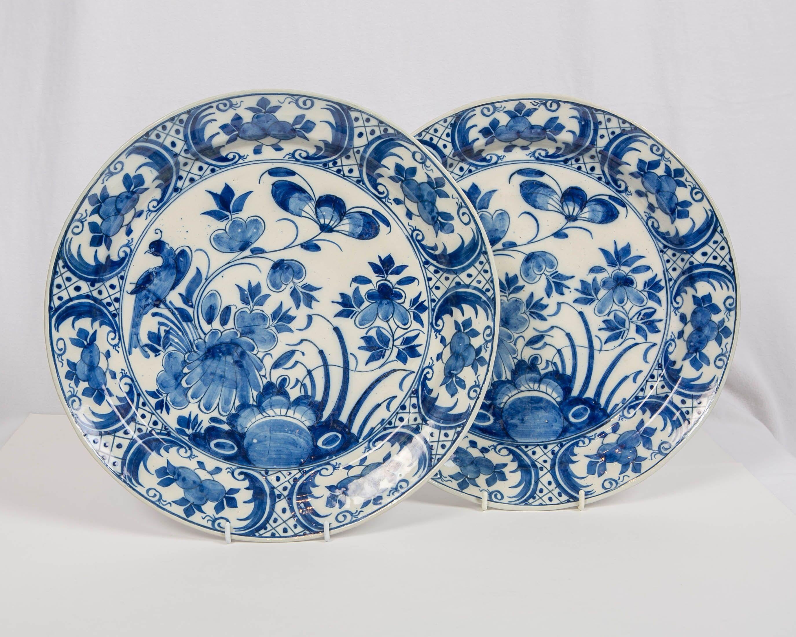 Rococo Pair of Dutch Delft Blue and White Chargers with Songbirds Made circa 1770