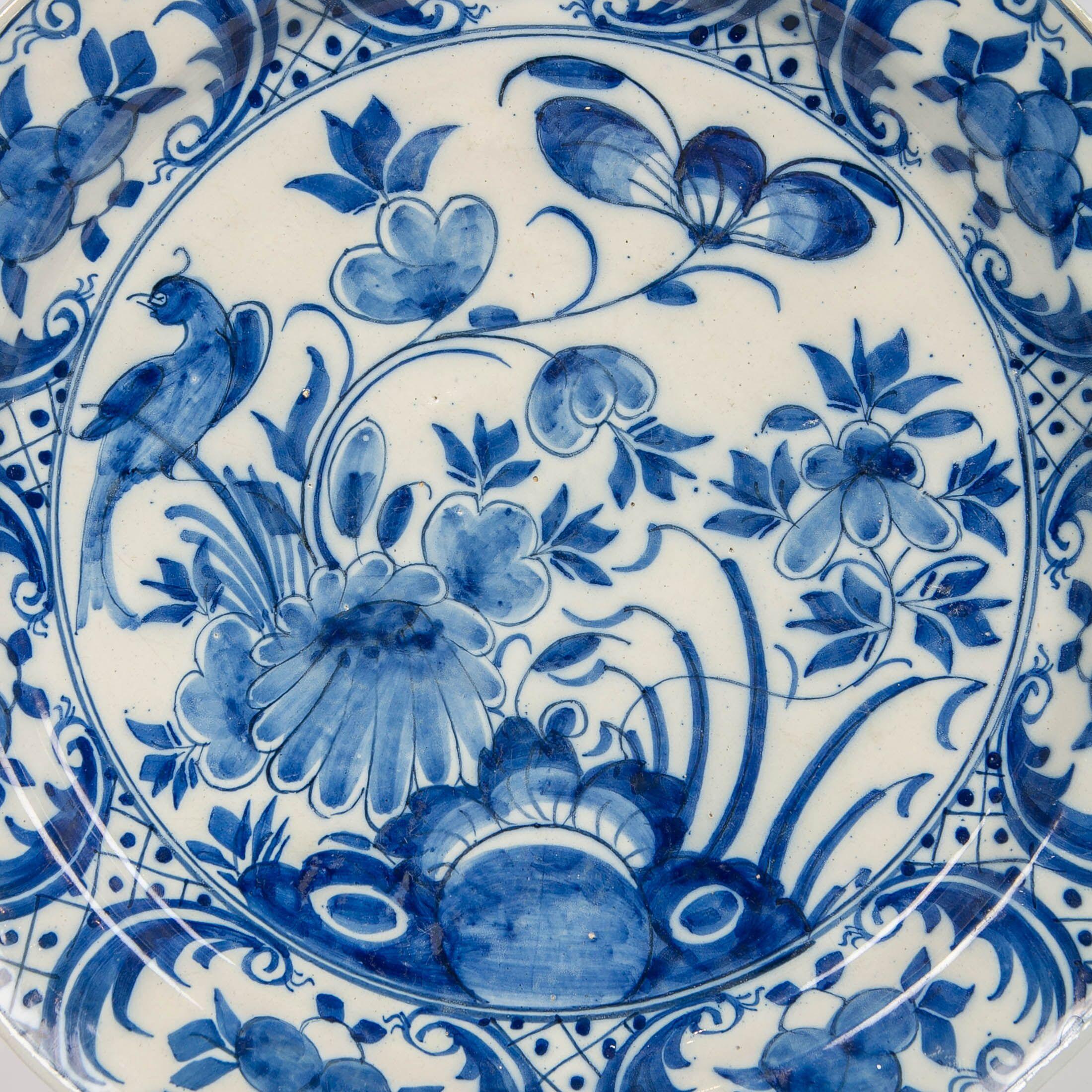 Late 18th Century Pair of Dutch Delft Blue and White Chargers with Songbirds Made circa 1770