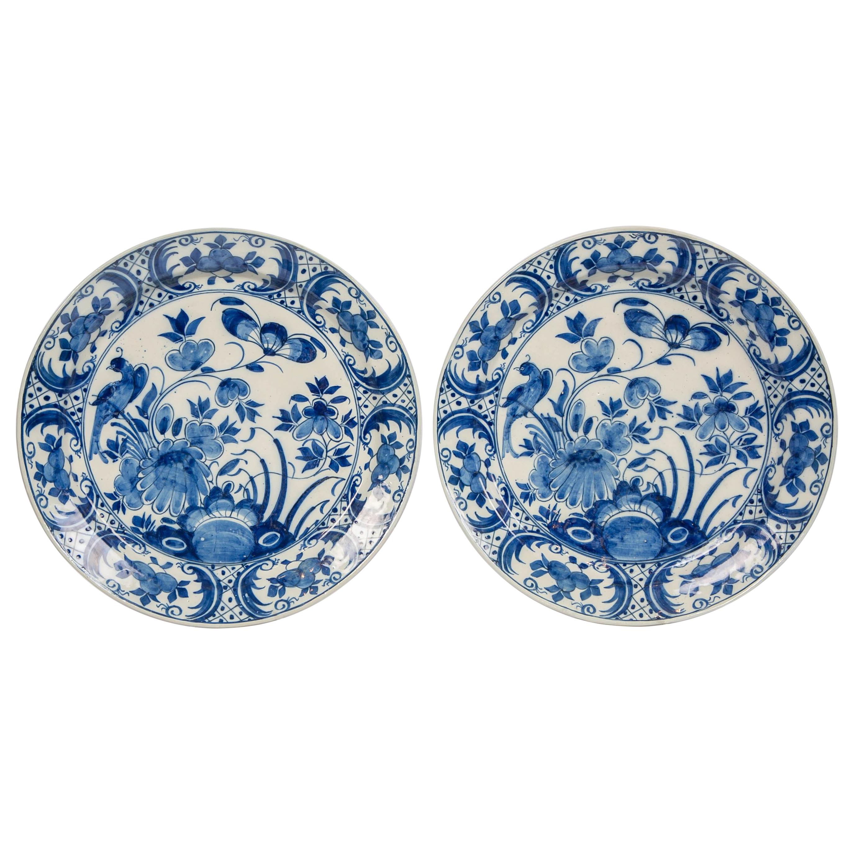 Pair of Dutch Delft Blue and White Chargers with Songbirds Made circa 1770