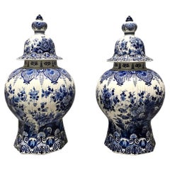 Pair of Dutch Delft Blue and White Covered Vases of Large-Scale