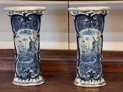 Pair of Dutch Delft Blue and White Vases with Windmill Scenes