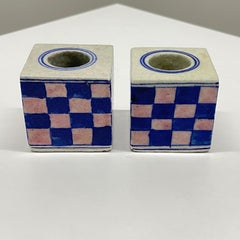 Pair of Dutch Delft Checkerboard Candlestick Holders in Blue, Pink, and Cream