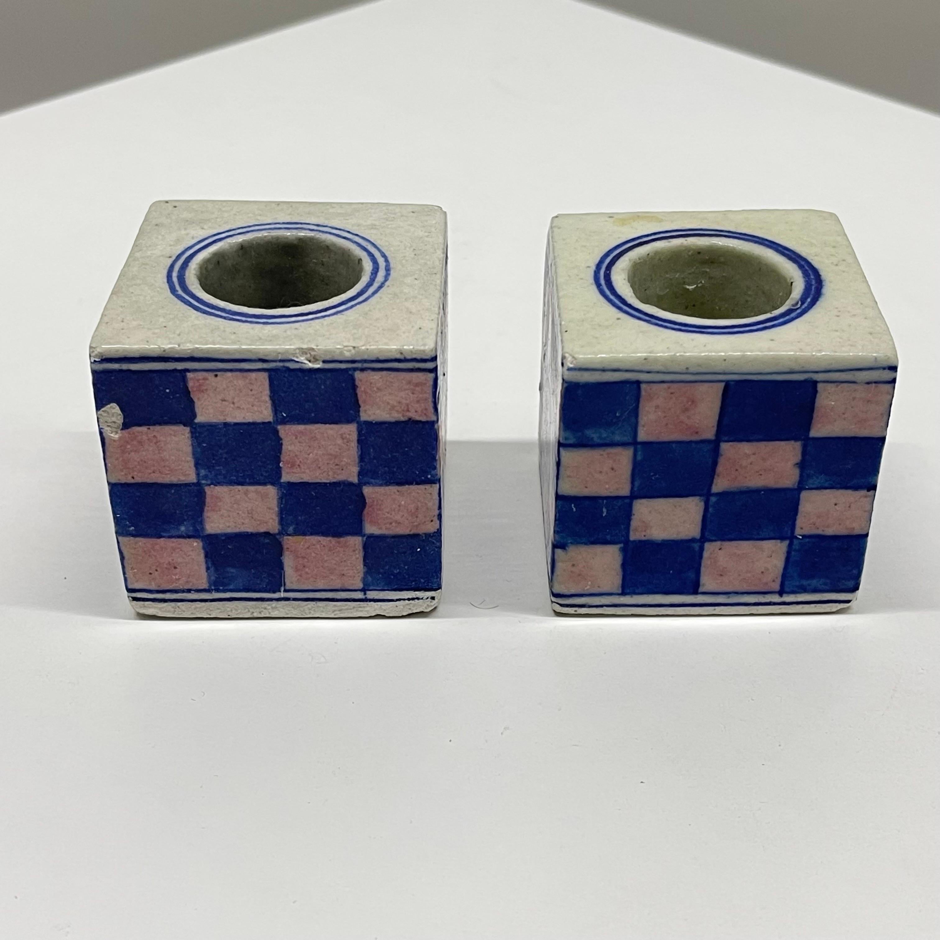 Gustavian Pair of Dutch Delft Checkerboard Candlestick Holders in Blue, Pink, and Cream