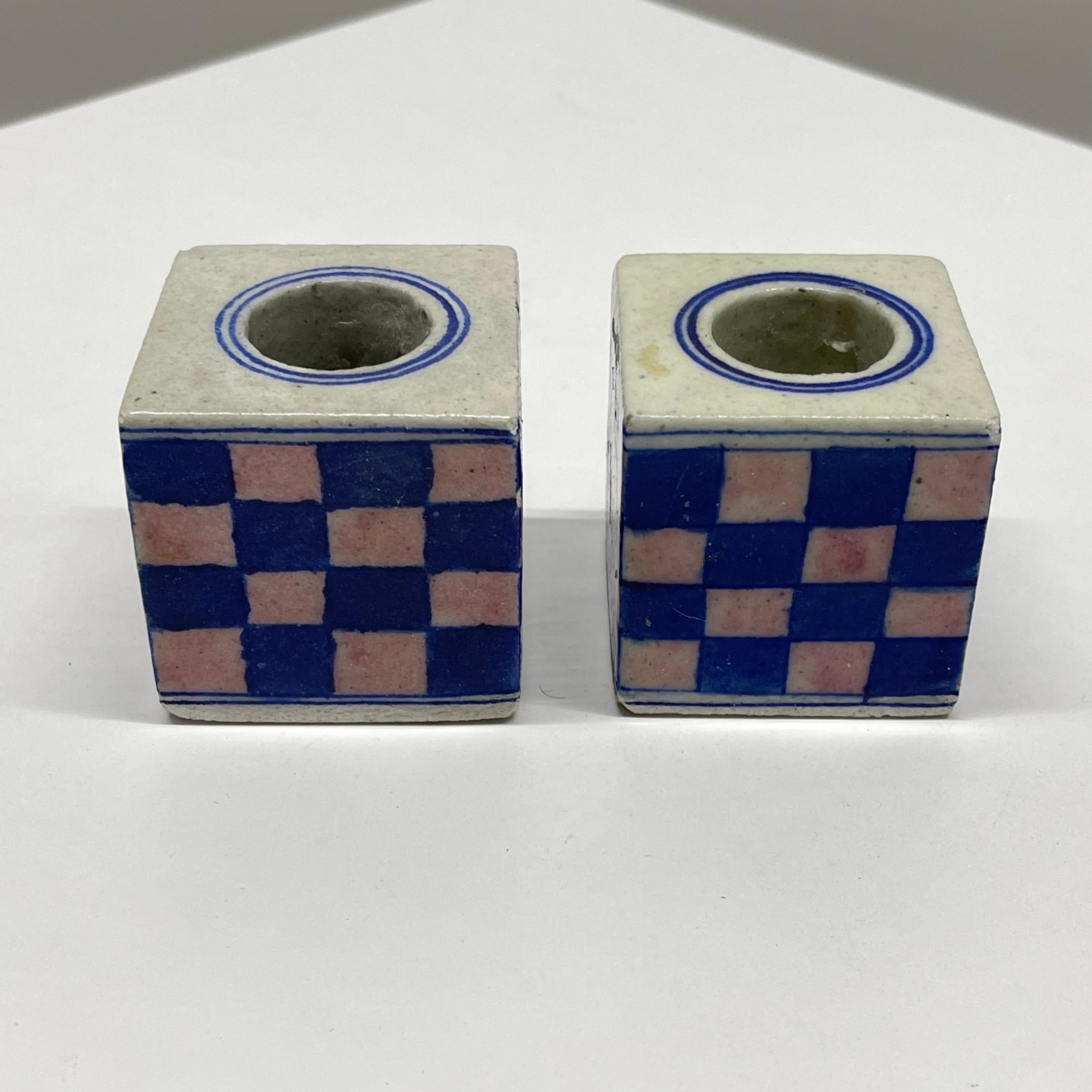 Glazed Pair of Dutch Delft Checkerboard Candlestick Holders in Blue, Pink, and Cream