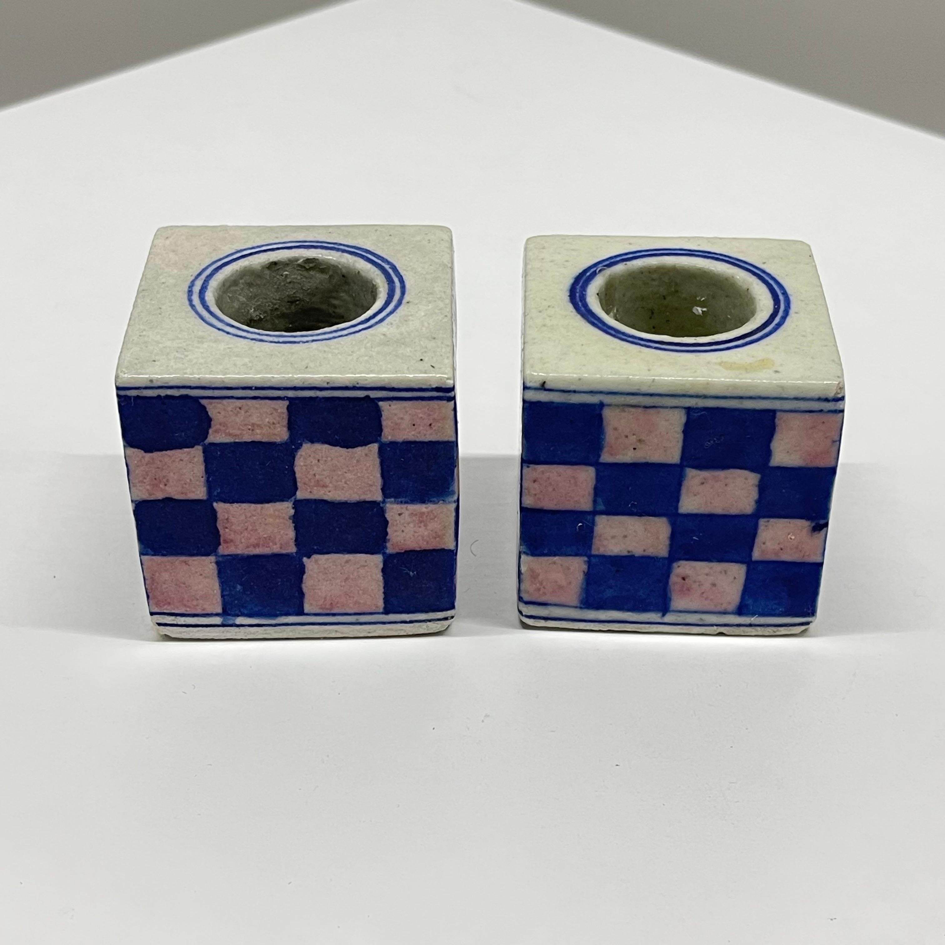 Pair of Dutch Delft Checkerboard Candlestick Holders in Blue, Pink, and Cream In Good Condition In Miami, FL