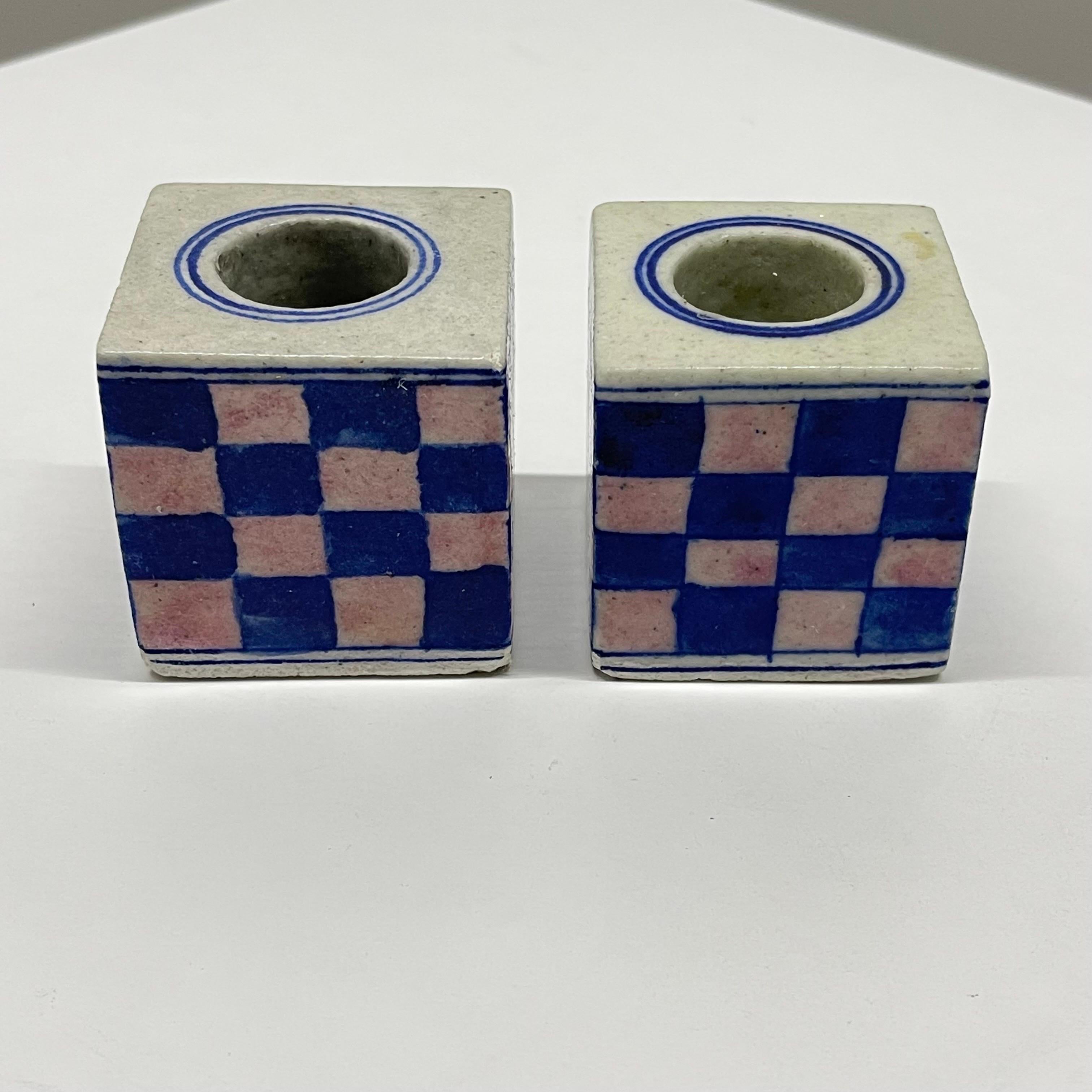 19th Century Pair of Dutch Delft Checkerboard Candlestick Holders in Blue, Pink, and Cream