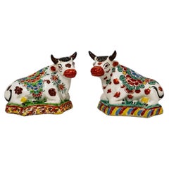 Pair of Dutch Delft Cows Hand Painted in Polychrome Petit Feu Colors, Circa 1780