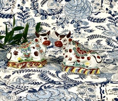 Pair of Dutch Delft Cows Hand Painted in Polychrome Petit Feu Colors, Circa 1780
