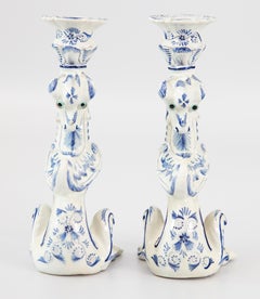 Pair of Dutch Delft Faience Dragon Candlesticks, circa 1930